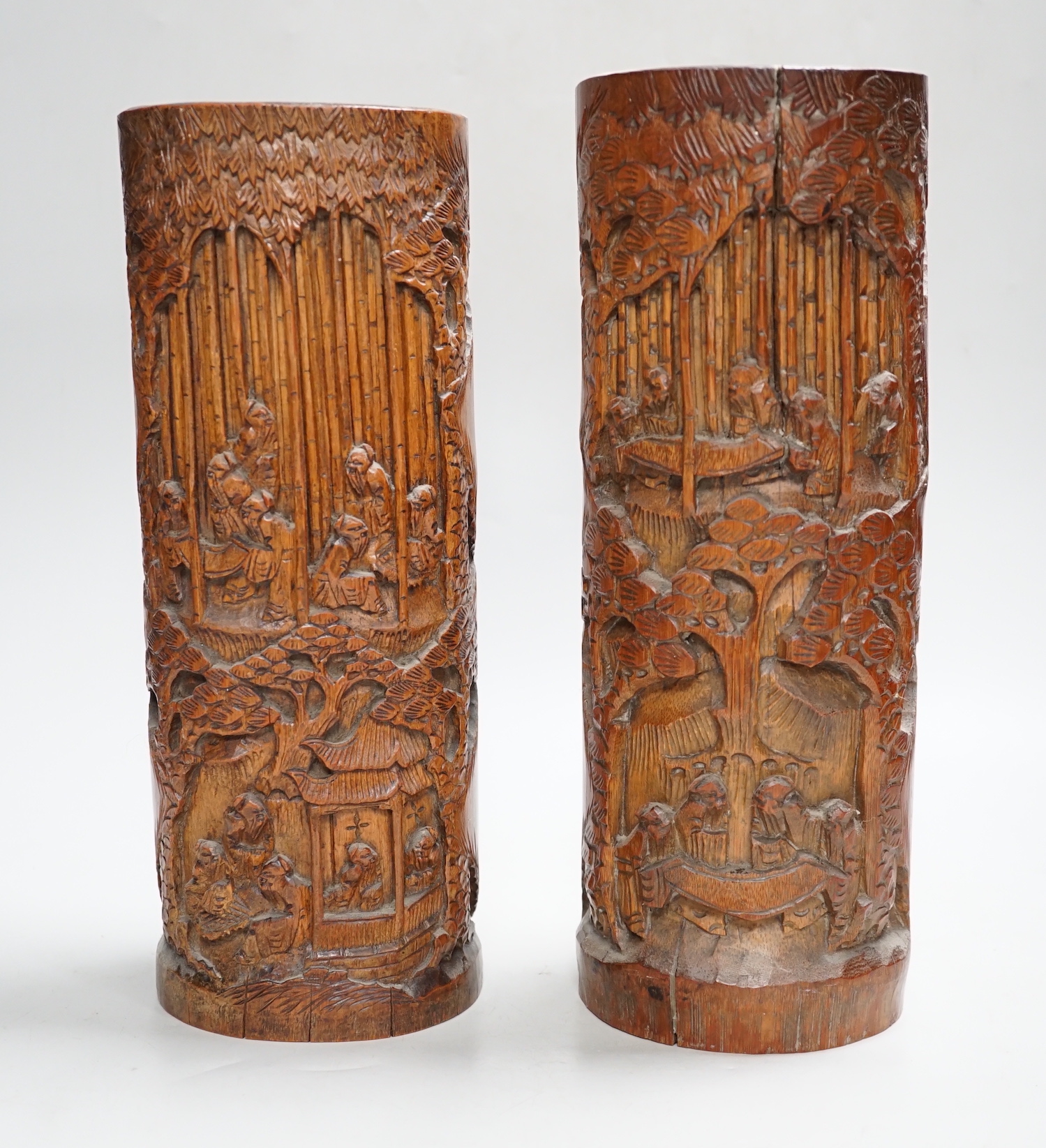 Two Chinese carved bamboo brushpots, 31cm
